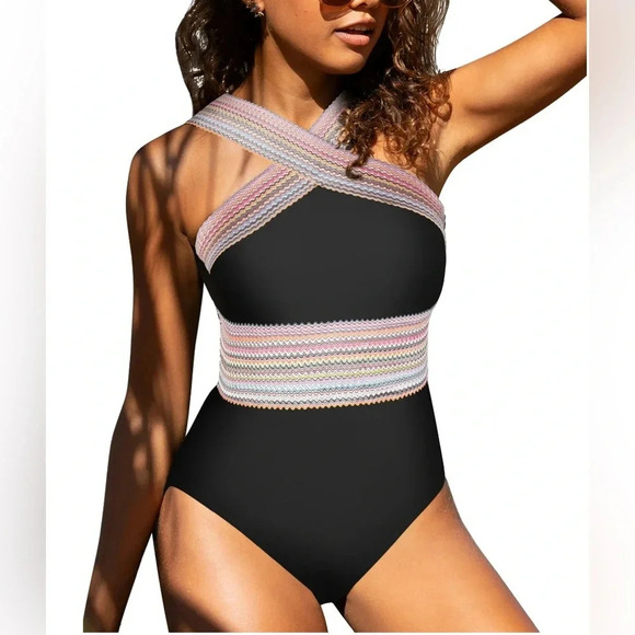 NWOT hilor Black with rainbow multi color crossover one piece swimsuit 12 - Picture 1 of 16